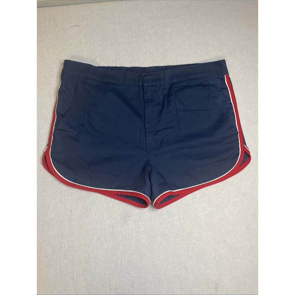 Vintage 70s Sears Activewear Running Shorts Navy Blue Red Trim Mens 34 Retro